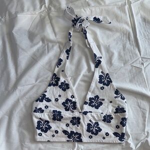 Garage White Halter Tank Top with Navy Floral Print